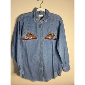 Bobbie Brooks Vintage Woman Denim Shirt Noah's Ark Embroidered Blue Size 14W 16W